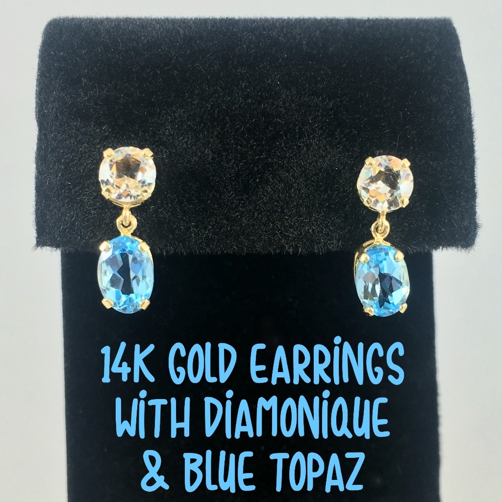 14K Gold Diamonique & Blue Topaz Earrings